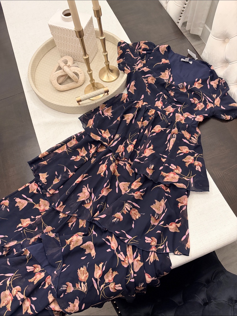 NWT Floral Navy Blue Tiered Maxi Dress with Pink Floral Print
